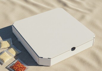 Blank White Pizza Box Mockup on Textured Surface with Condiments Packets, Perfect for Food Delivery and Takeout Presentation with Customizable Branding Options