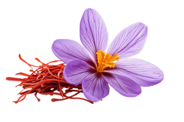 Delicate purple saffron flower with vibrant red stigmas showcasing the beauty and richness of this prized spice sourced from nature's blossoms in a simple, clean setting