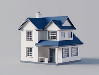 3D render of a simple two-story house with a blue roof, white walls, and gray trim, isolated on a gray background.