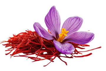 Saffron flower blooming with vibrant petals and dried spice beneath, highlighting beauty and culinary significance of this rare seasoning