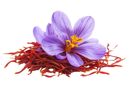 Bright purple saffron flower atop vibrant red saffron threads showcasing the beauty and uniqueness of this rare spice sourced from the flower's stigmas