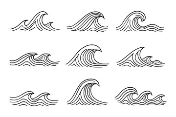 Fototapeta premium Stylized Ocean Waves Collection: Minimalist Line Art Depicting Aquatic Ripple Patterns and Nautical Motifs