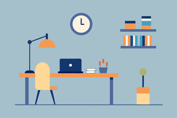 Flat design vector illustration of a businessman working on a laptop at his office desk with a lamp and chair