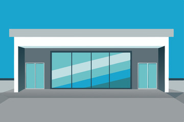 Modern 3D office building interior with an empty room, large windows, and a sleek architectural design