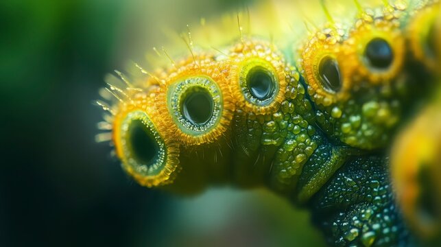 Close-up of a vibrant green and yellow caterpillar with unique spiracles.