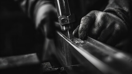 Close up of a gloved hand operating a metal cutting saw on a metal beam in black and white tone