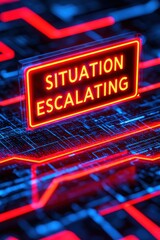 Global Tensions and Conflict Escalation with Emerging Threats Concepts. A glowing red neon sign displays "SITUATION ESCALATING" over a futuristic digital circuit board background.