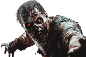 Scary zombie with glowing eyes reaching out, set against a transparent background, creating an eerie and suspenseful atmosphere perfect for horror-themed designs and projects
