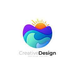 Logo of beach atmosphere and sea waves at sunset