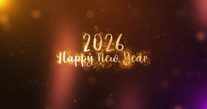 Happy new year 2026 glittering text on colorful particles background seamless looping. Holidays and celebration concept