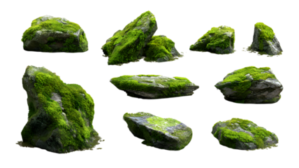 Collection of lush green mossy rocks isolated on isolated background for creative design elements and visual content