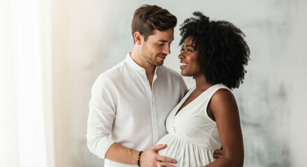 Fototapeta premium Happy loving mixed-race couple expecting a baby. Caucasian husband hugging his smiling beautiful pregnant African American wife. Maternity concept. Parenthood, future family.