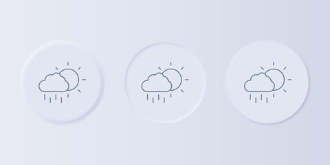Grey Cloud with rain and sun icon isolated on grey background. Rain cloud precipitation with rain drops. Set icons in square buttons. Vector