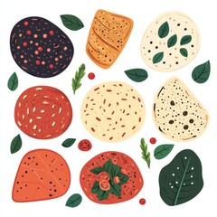 Fototapeta premium Flatbread Assortment with Herbs and Toppings, Food , Illustration