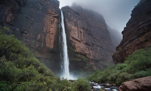 Majestic waterfall cascading down rugged cliffs, misty canyon backdrop, nature's serene beauty captured, a stunning landscape