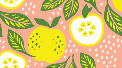 A vibrant pattern featuring yellow apples green leaves and white dots on a light pink background design art
