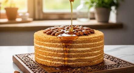 Delicious multi layered honey cake with almonds and golden honey pouring over it