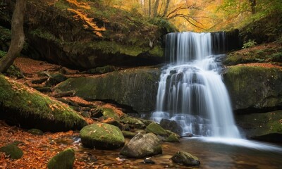 Enchanting autumn scenery featuring a breathtaking waterfall cascading down mossy rocks in the forest