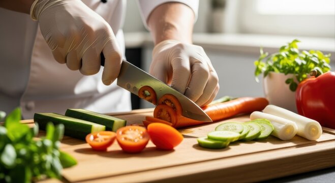 Chef wearing gloves slicing fresh vegetables on a cutting board in a clean kitchen