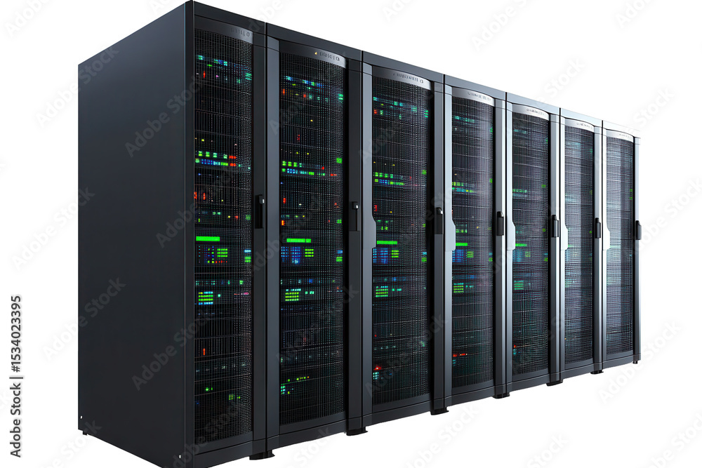Poster server rack showcasing multiple servers with illuminated components isolated on a clear background
