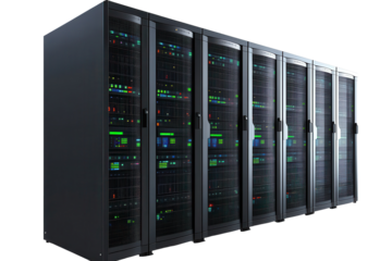 Server rack showcasing multiple servers with illuminated components isolated on a clear background