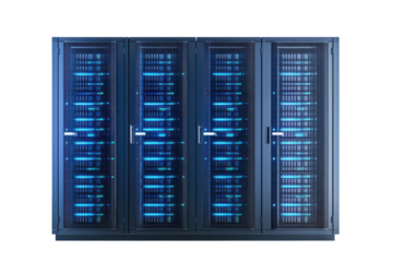 Server rack showcasing multiple servers in a high-tech data center with blue LED lights during daytime hours