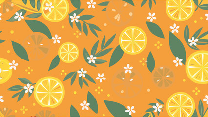 Vibrant orange background with lemon slices, white flowers and green leaves creating a fresh pattern
