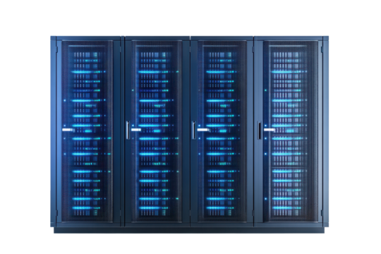 Server rack showcasing multiple servers in a high-tech data center with blue LED lights during daytime hours
