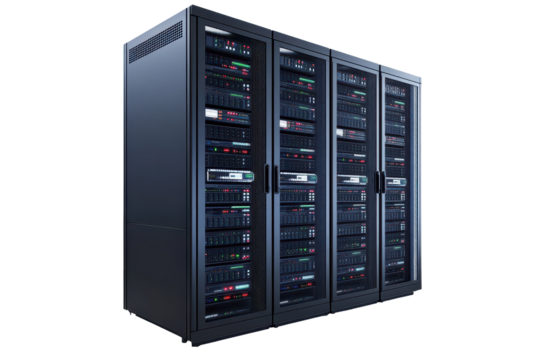 Server rack showcasing multiple servers in a tech environment with a clean, modern design for efficient data storage and processing