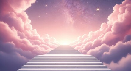 Stairway into the night sky with stars and pink clouds