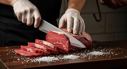 Chef slicing fresh raw beef steak on a wooden cutting board with coarse salt.
