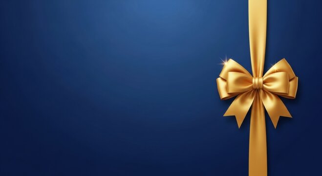 Cart&atilde;o presente com fundo azul marinho e fita dourada com la&ccedil;o &mdash; modelo para adicionar texto.

