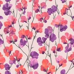 Delicate floral pattern of vivid pink and purple sweet peas.