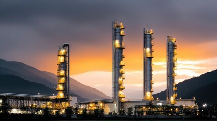 Obraz premium Industrial Factory at Sunset Refining Plant Pollution Architecture Landscape