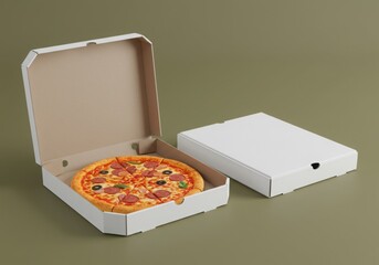 Mouthwatering Pizza in Open Cardboard Box Mockup, Featuring Fresh Toppings and Blank Packaging for Branding Mockup, Ready for Delivery or Takeout Concept
