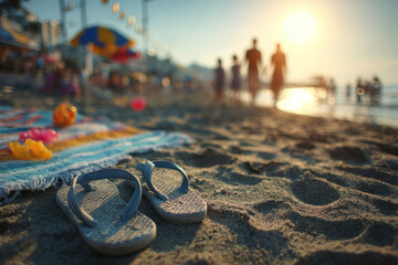 Summer family vacation at sea with beach accessories