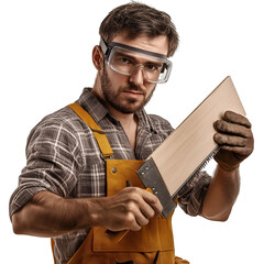 Carpenter handyman sawing wood with safety glasses studio shot image on transparent background