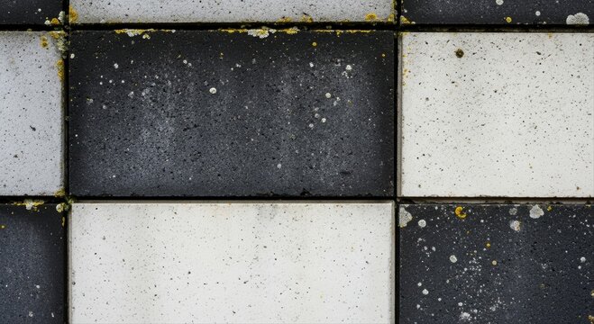 Weathered black and white concrete checkerboard tile pattern with grunge texture