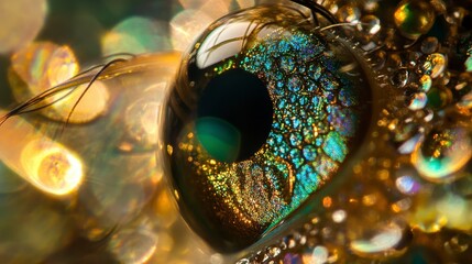 Extreme close-up of a vibrant insect eye, showcasing intricate details and iridescent textures.
