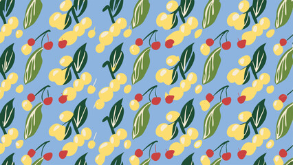 Repeating pattern of yellow berries, red cherries, and green leaves on a blue background design element