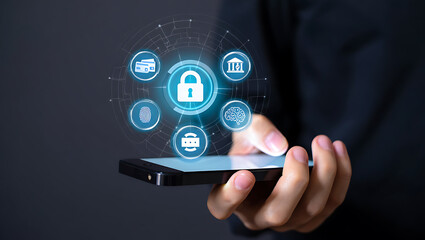 Fototapeta premium Modern smartphone technology symbolizing cybersecurity data protection and digital safety