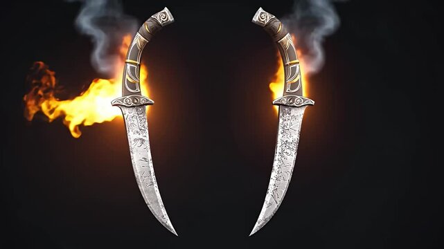 Two ornate daggers with intricate designs and flaming effects on a dark background.