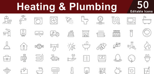 Heating, Ventilation and Plumbing Line Icons: HVAC, Water and Home Systems. Editable Vector Icons