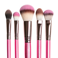 Makeup cosmetic brushes collection isolated . Pink Make-up Brushes. Top view [Transparent Background PNG].