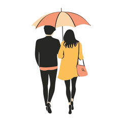 Simple and super minimal vector lines, cartoonish couple walking under an umbrella