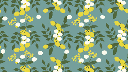 Aesthetic pattern with yellow and white fruits and green leaves on a teal colored background repeat design