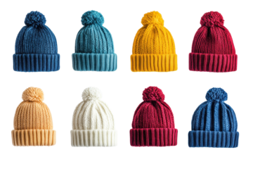 Collection of colorful wool beanies in various shades, showcasing unique designs against a white background