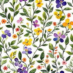 Colorful floral pattern with various blossoms and leaves.
