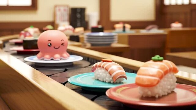 Kawaii octopus and sushi ride conveyor belt, suitable for Japanese cuisine, food blogs, restaurant menus, Asian travel, and cute illustrations.