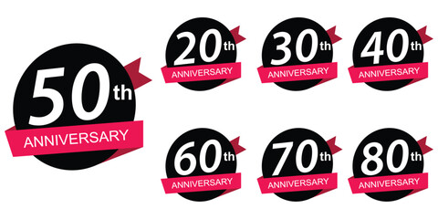 Year anniversary set vector template design illustration. Symbols of celebrations 10, 20, 30, 40, 50, 60, 70, 80 years. 